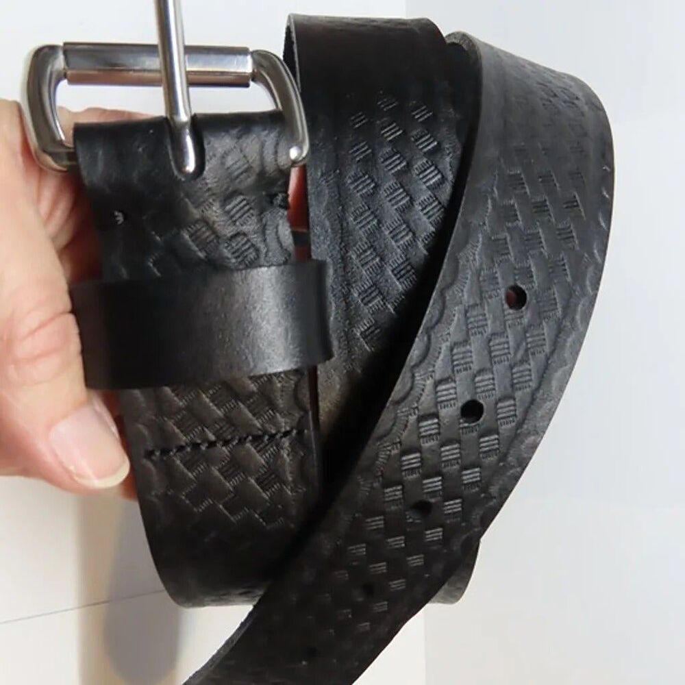 IMPERFECT 45" Handmade 100% cow hide black leather belt embossed basket weave J
